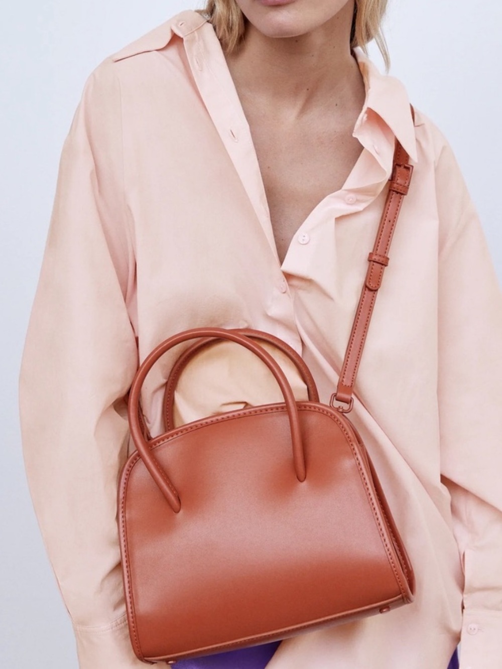 Zara Mini City Crossbody Structured Double Top-Handle In Russet Orange